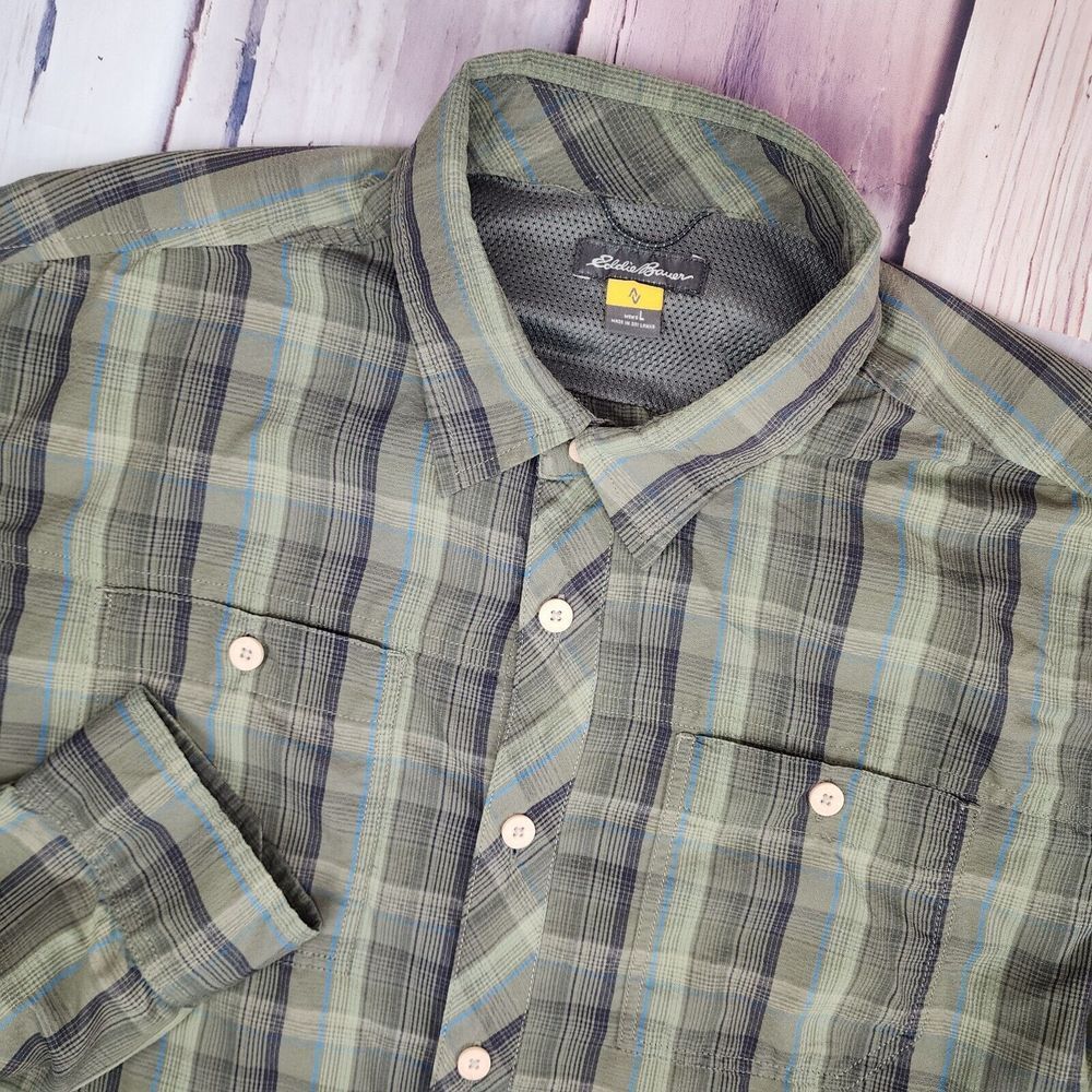 Eddie Bauer Mens L Green Plaid Poly Nylon Button Up Long Sleeve‎ SOFT FEEL